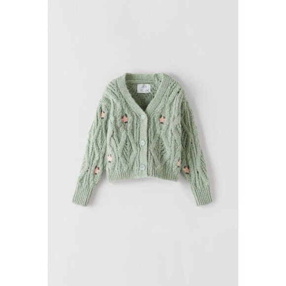 Girls' ZARA Light Green Cable Knit Embroidered Cardigan Sweater, Size 11-12 - Picture 7 of 8